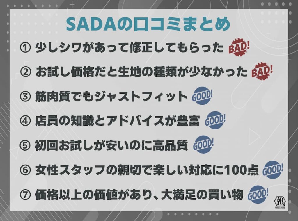 オーダースーツSADA 口コミ 評判